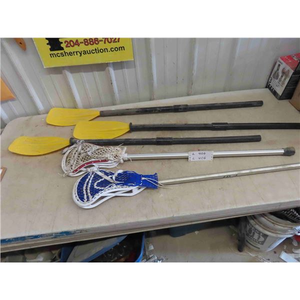 3 Plastic Paddles, 2 Lacrosse Rackets