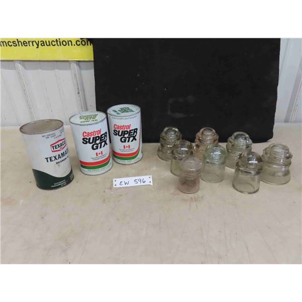 8 Glass Insulators, 3 Oil Cans 