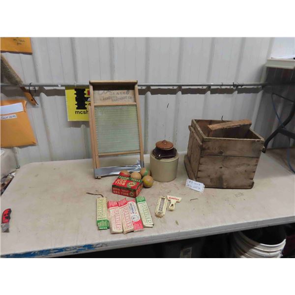 Egg Crate, Pickle Crock, Washboard, Bocce Balls 