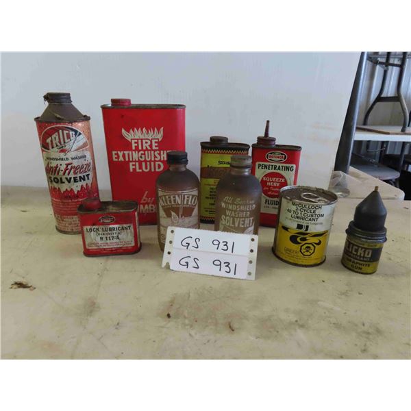 7 Vintage Cans , 2 Glass Bottles : Whiz Windshield Washer Solvent , Tumbler Fire Extinguisher  