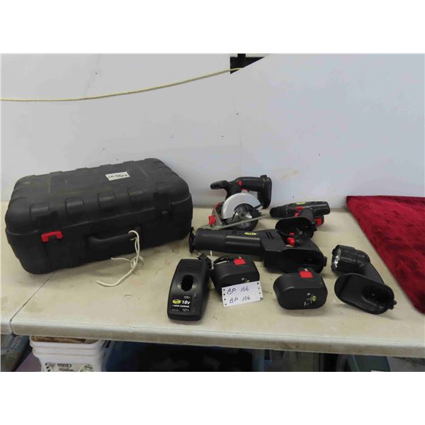 TMT Cordless 18V Circular Saw, Drill, Flashlight, Reciprocating Saw, 2 Batteries, Charger 