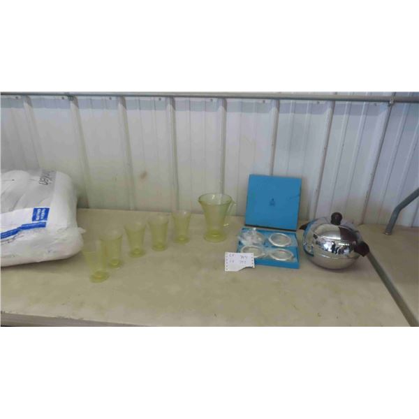 Depression Glass Pitcher and 5 Glasses, New Old Stock Binks Coaster/Ashtray