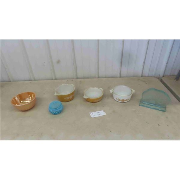 3 Pyrex Casseroles with Lids , Fire King Mixing Bowl , Fenton Dish, Etched Glass 