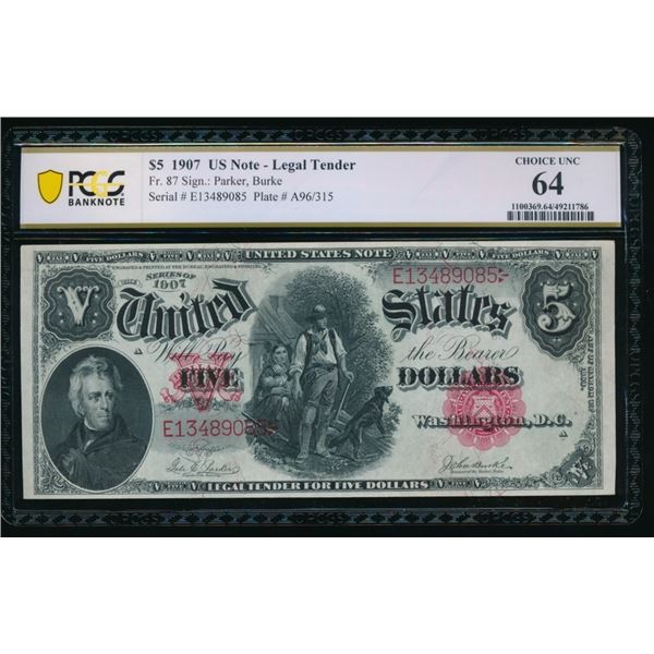 1907 $5 Legal Tender Note PCGS 64