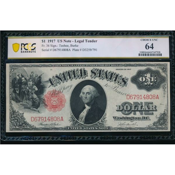 1917 $1 Legal Tender Note PCGS 64