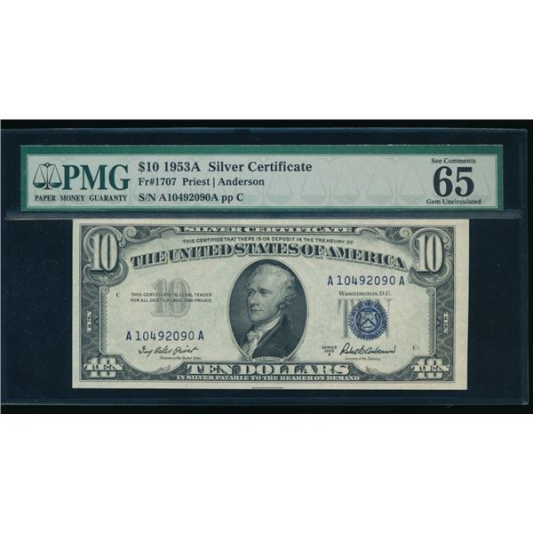 1953A $10 Silver Certificate PMG 65