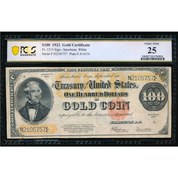 1922 $100 Gold Certificate PCGS 25