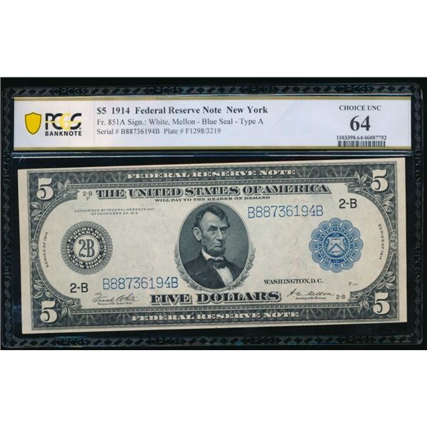 1914 $5 New York FRN PCGS 64