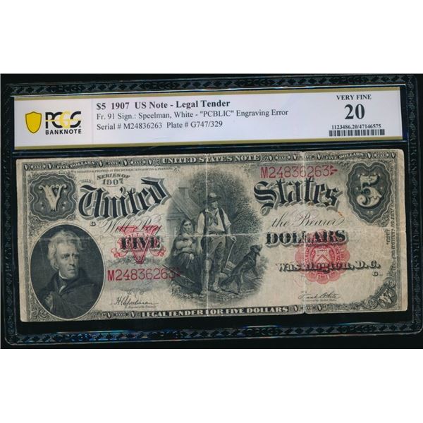 1907 $5 Legal Tender Note PCGS 20