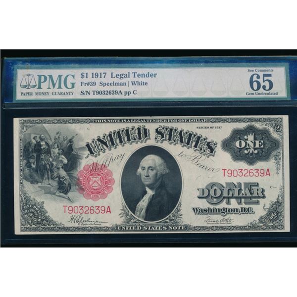 1917 $1 Legal Tender Note PMG 65