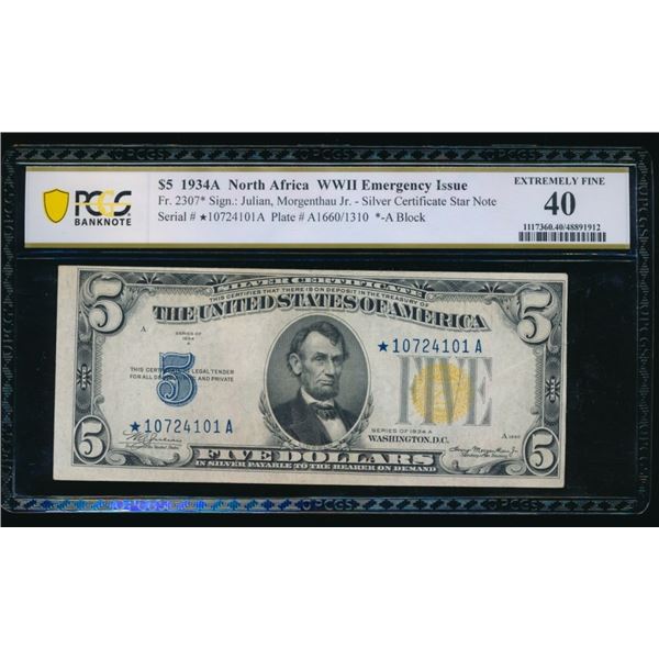 1934A $5 STAR N Africa Silver Certificate PCGS 40