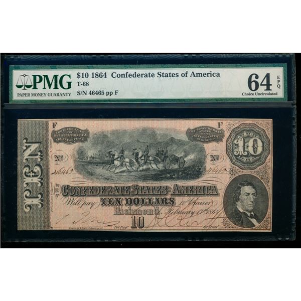 1864 $10 T-68 Confederate PMG 64EPQ