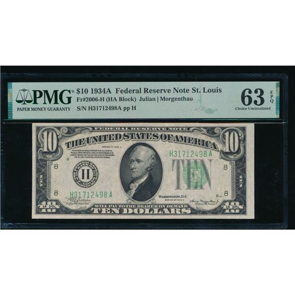 1934A $10 St Louis FRN PMG 63EPQ