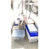 Image 1 : LARGE ASSORTMENT OF ITEMS; COAT RACK, SODIUM CHLORIDE SOLUTION, MEDIAL TWEEZERS, PLASTIC BINS AND