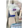 Image 3 : LARGE ASSORTMENT OF ITEMS; COAT RACK, SODIUM CHLORIDE SOLUTION, MEDIAL TWEEZERS, PLASTIC BINS AND