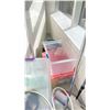 Image 4 : LARGE ASSORTMENT OF ITEMS; COAT RACK, SODIUM CHLORIDE SOLUTION, MEDIAL TWEEZERS, PLASTIC BINS AND