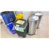 Image 1 : 2 STAINLESS STEEL GARBAGE BINS, GARBAGE AND RECYCLING BIN AND ASSORTED JANITORIAL SUPPLIES