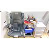 Image 1 : ROLLING OFFICE CHAIR, TV TABLE, 3 DRAWER PLASTIC ORGANIZER AND ASSORTED FILING ORGANIZERS