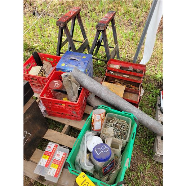 Pallet of misc. bolts, screws, tool box, 2- saw horses