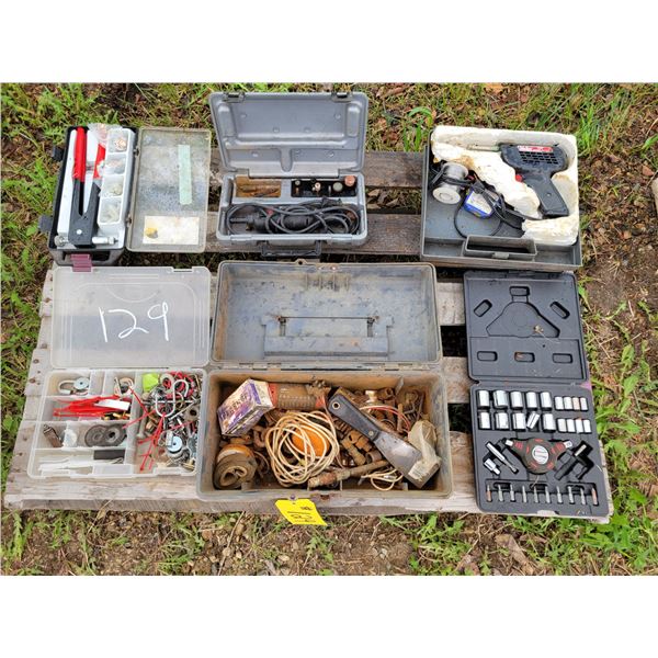 Pallet of Tools, sockets, soldering gun, riveter, small grinder