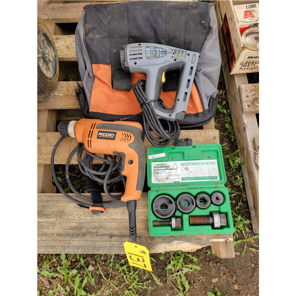 Drill, stapler, Greenlee punch kit