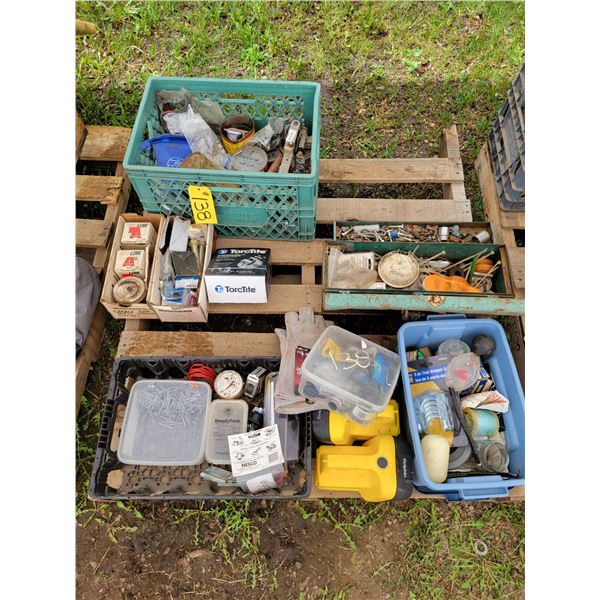 Pallet of misc., hangers, flashlights, gauges
