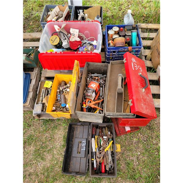Pallet of misc., tools, tool boxes, fittings, bolts