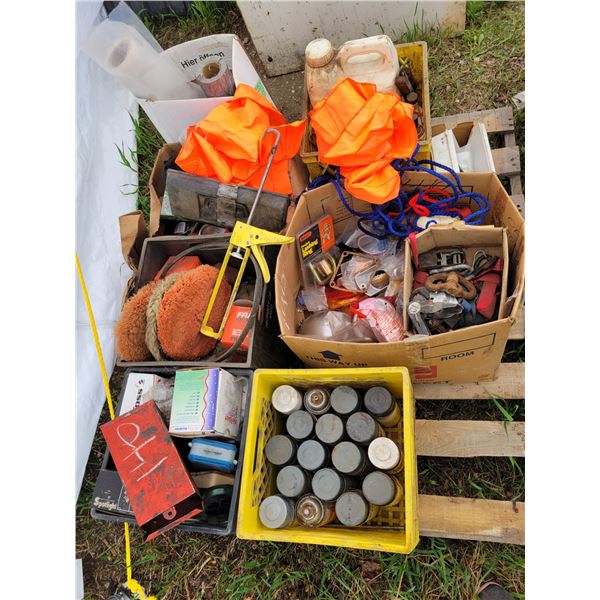 Pallet of spray paint, lights, plastic