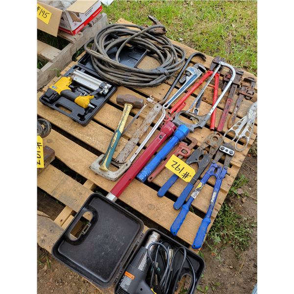 Bolt Cutters, pipe wrenches, hack saw, heat gun