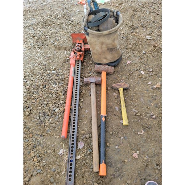 Jack-all, 3- hammers & canvas pouch c/w ratchet straps