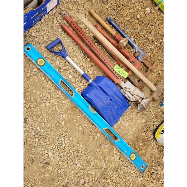 Pipe wrenches, sledge hammer, shovel & level