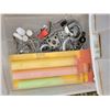 Image 10 : Various tapes, hardware, hinges, peg hooks, nails and small plastic 4-drawer containers