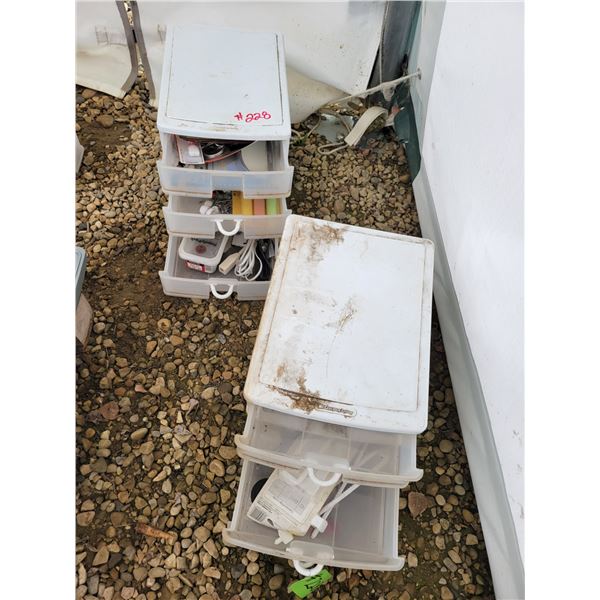 Various tapes, hardware, hinges, peg hooks, nails and small plastic 4-drawer containers