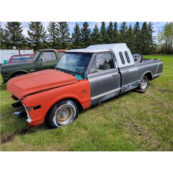 Chev 1/2-ton c/w motor & trans, sold for parts c/w contents in box. (West Yard)