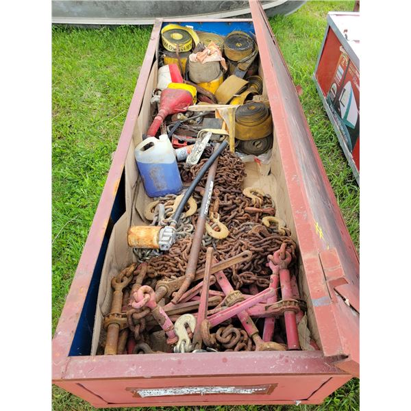 Container c/w chains, boomers, tie-down straps, wrench's, hammers, chain hooks, WIDE LOAD sign, flag
