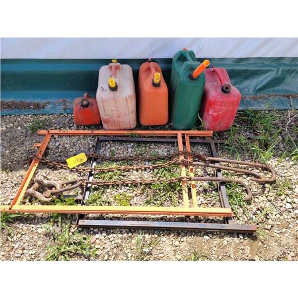 5- Jerry cans, 3 tow hooks & metal sign frames