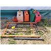 Image 1 : 5- Jerry cans, 3 tow hooks & metal sign frames