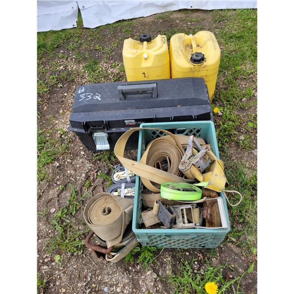 Tool box, 2- yellow jugs & qty of tie-down straps