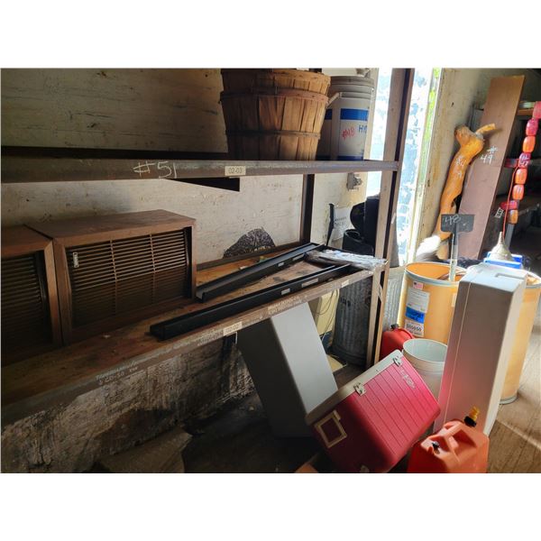 Floor matts, jerry cans, coolers, 2- speakers, baskets, air hose, scraper, snow shovels, misc. wood 