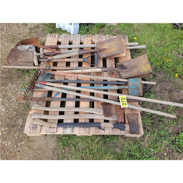 Pallet of tools, axes, shovels, rakes