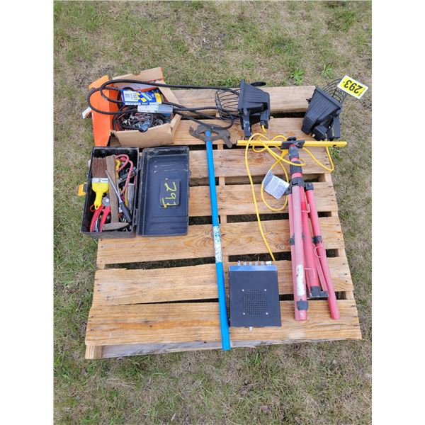 Pipe bender, lights, tool box c/w misc. & bungee cords