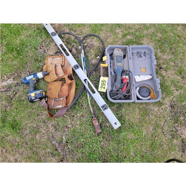 Propane torch, level, Mastercraft grinder, porch, Ryobi drill