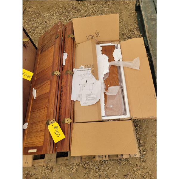 New wood table, approx. 23" x 12" c/w 4- sets of shudders