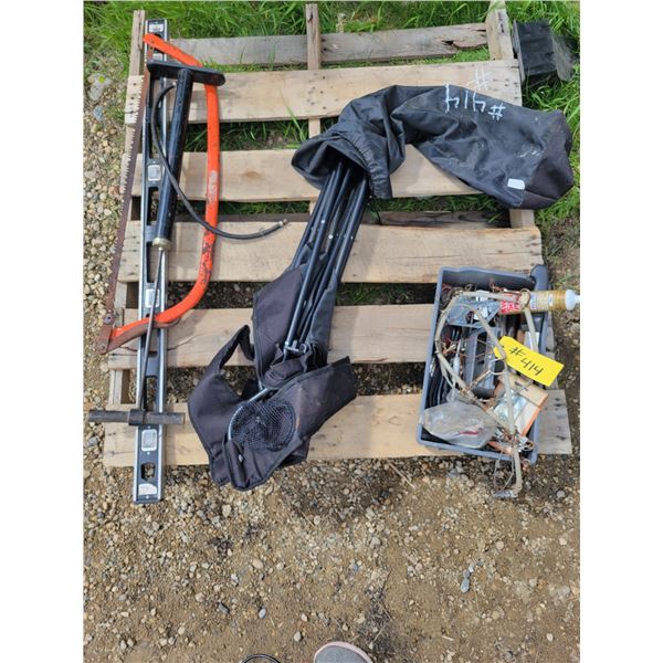 Air pump, level, folding chair, knives & misc.