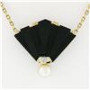 Image 2 : 14k Yellow Gold Fan Shape Carved Black Onyx Diamond Pearl Pendant On Cable Chain