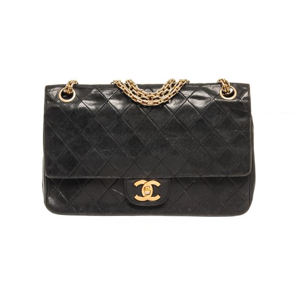 Chanel Black Leather Chain Double Flap Shoulder Bag