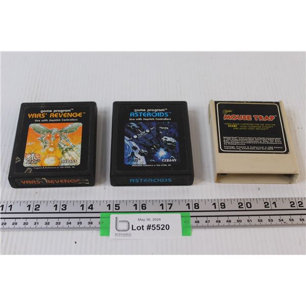 (3) Vintage Atari Games: Mouse Trap, Asteroids, Yars Revenge
