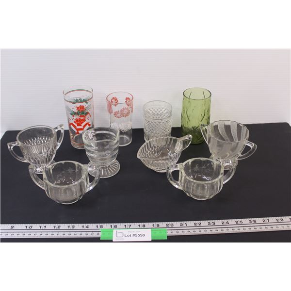 (4) Vintage Glass Glasses, (4) Glass Sundae Bowls, (2) Creamers
