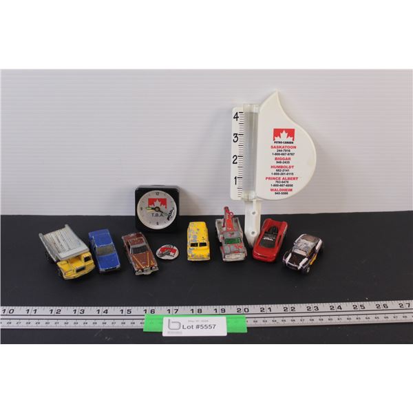 (6) Vintage Metal Car Toys, PetroCanada Rain Gauge & Clock