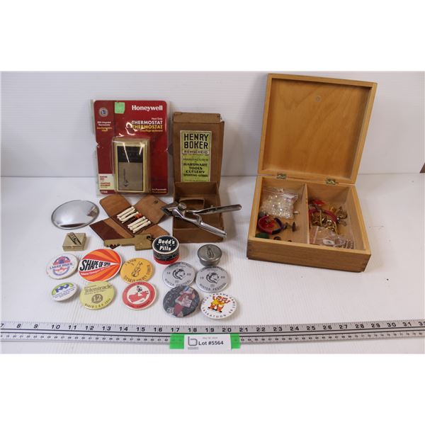 Wood Jewelry Box w/Jewelry, Vintage Beard Trimmer, Thermostat, Collector Pins